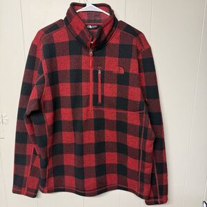 North Face Pullover  Red Buffalo Plaid Fleece Quarter Zip Outdoors Men L EUC